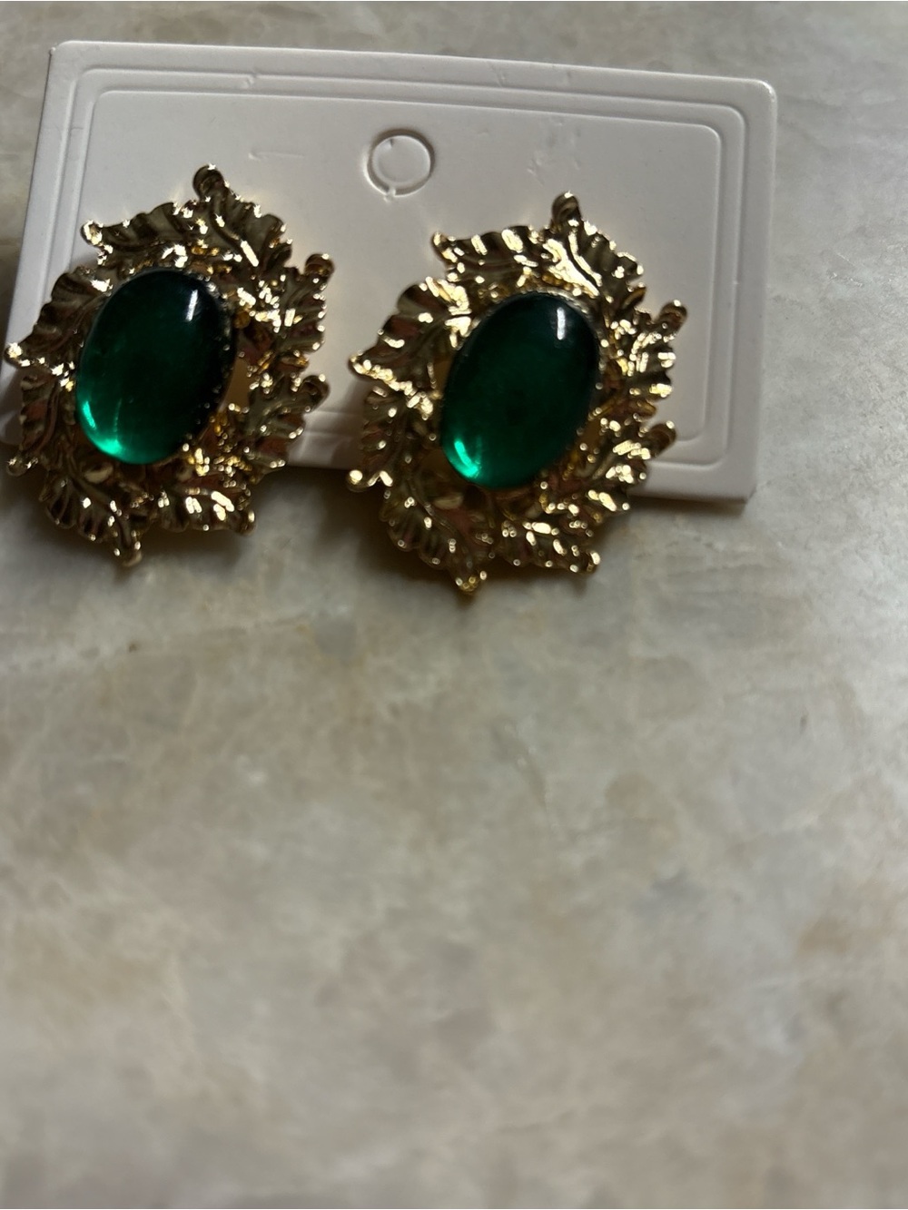 Vintage Gold Leaf Earrings with Emerald Green Cabochons
